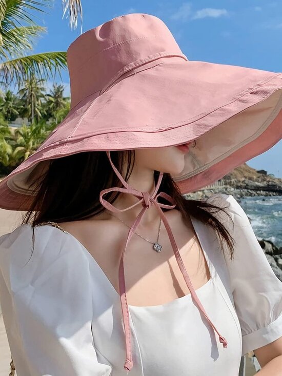 Women Wide Brim Summer Sun Hat Wired Edge Beach Bucket Fishing Hats Pink Beige main image 6